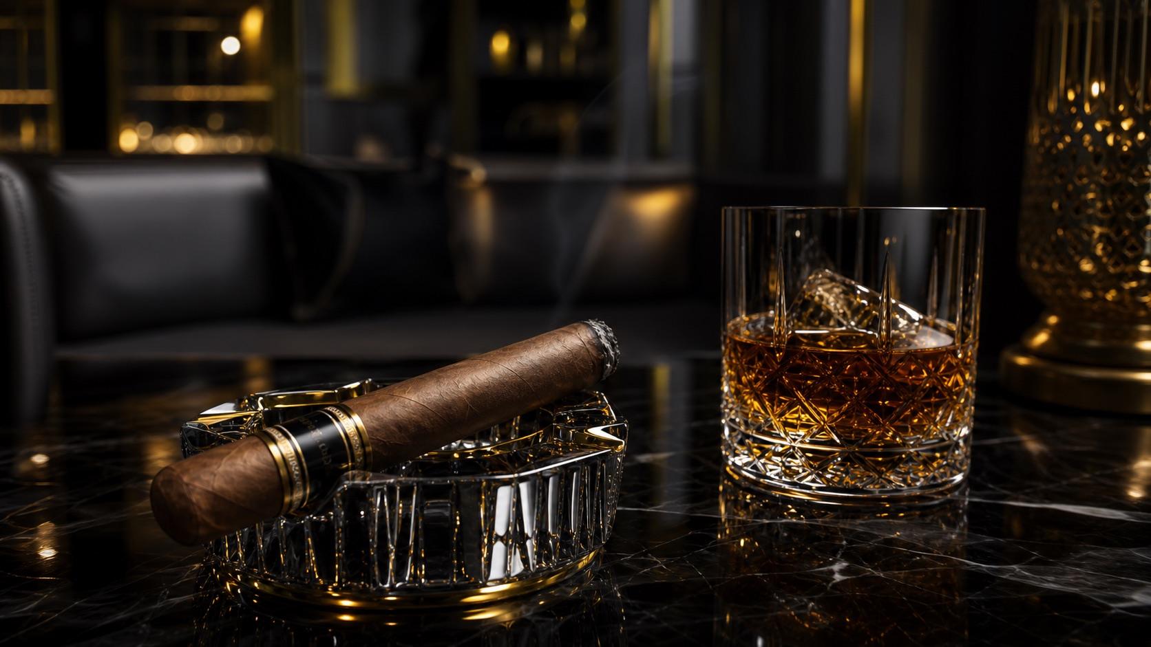 An open humidor of cigars with a lighter, cutter and whiskey