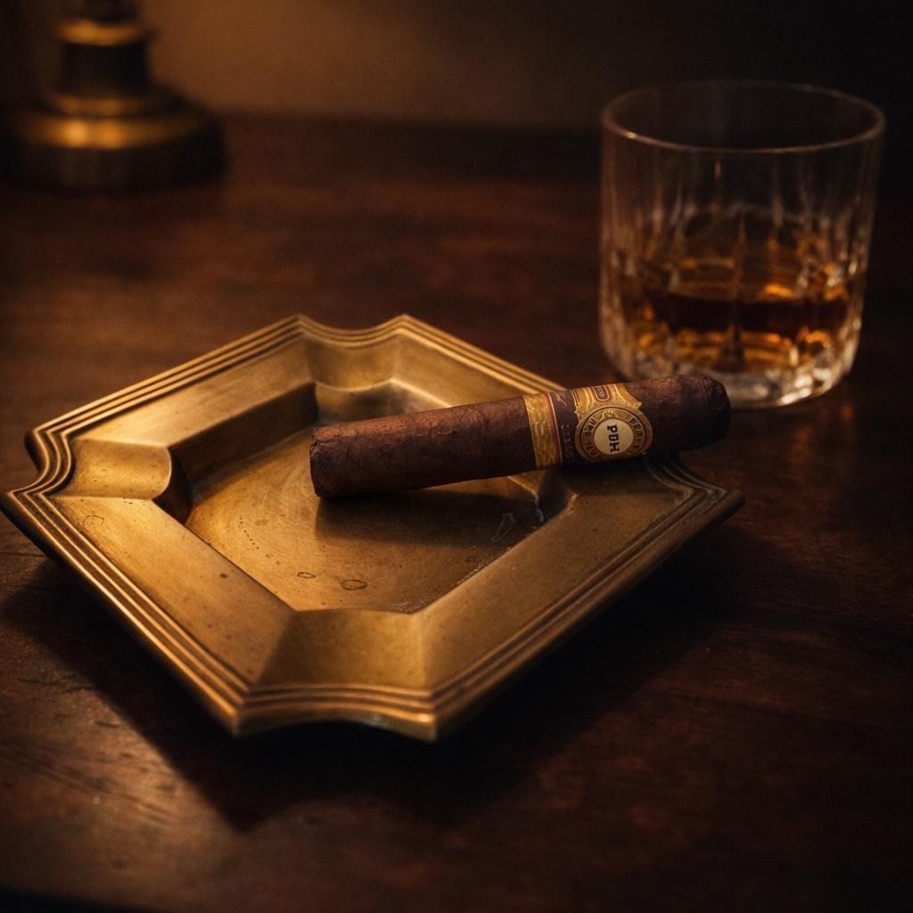 A cigar on a brass ashtray next to a glass of whiskey
